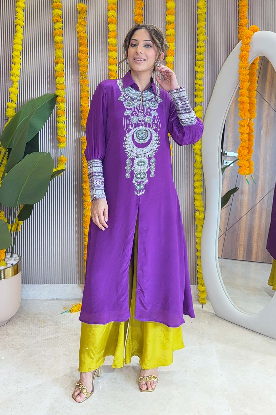 Zaira Purple-Yellow Printed Kurta & Palazzo Set