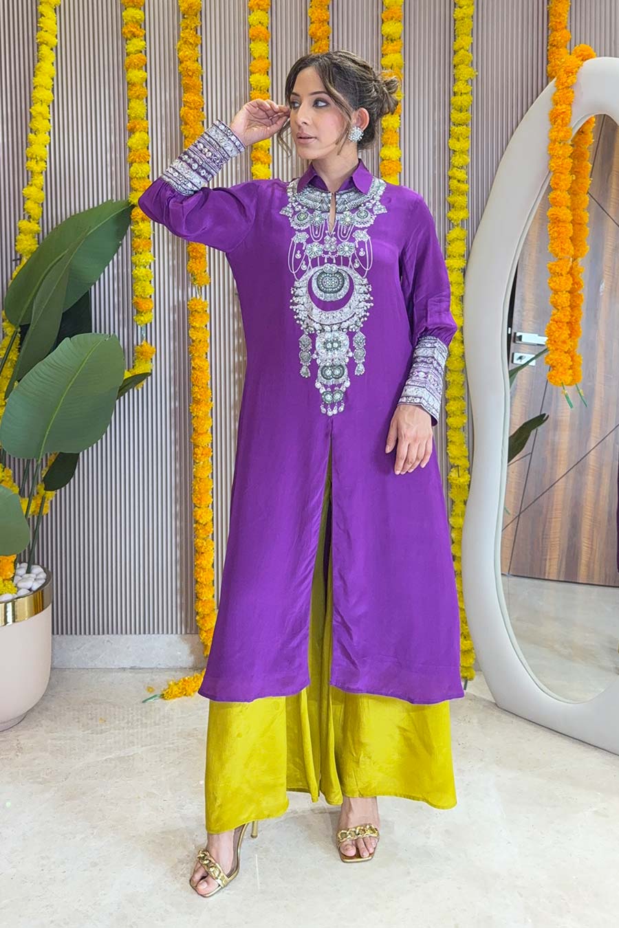 Zaira Purple-Yellow Printed Kurta & Palazzo Set