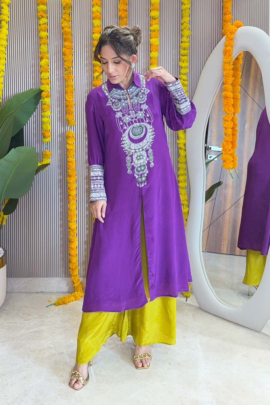 Zaira Purple-Yellow Printed Kurta & Palazzo Set