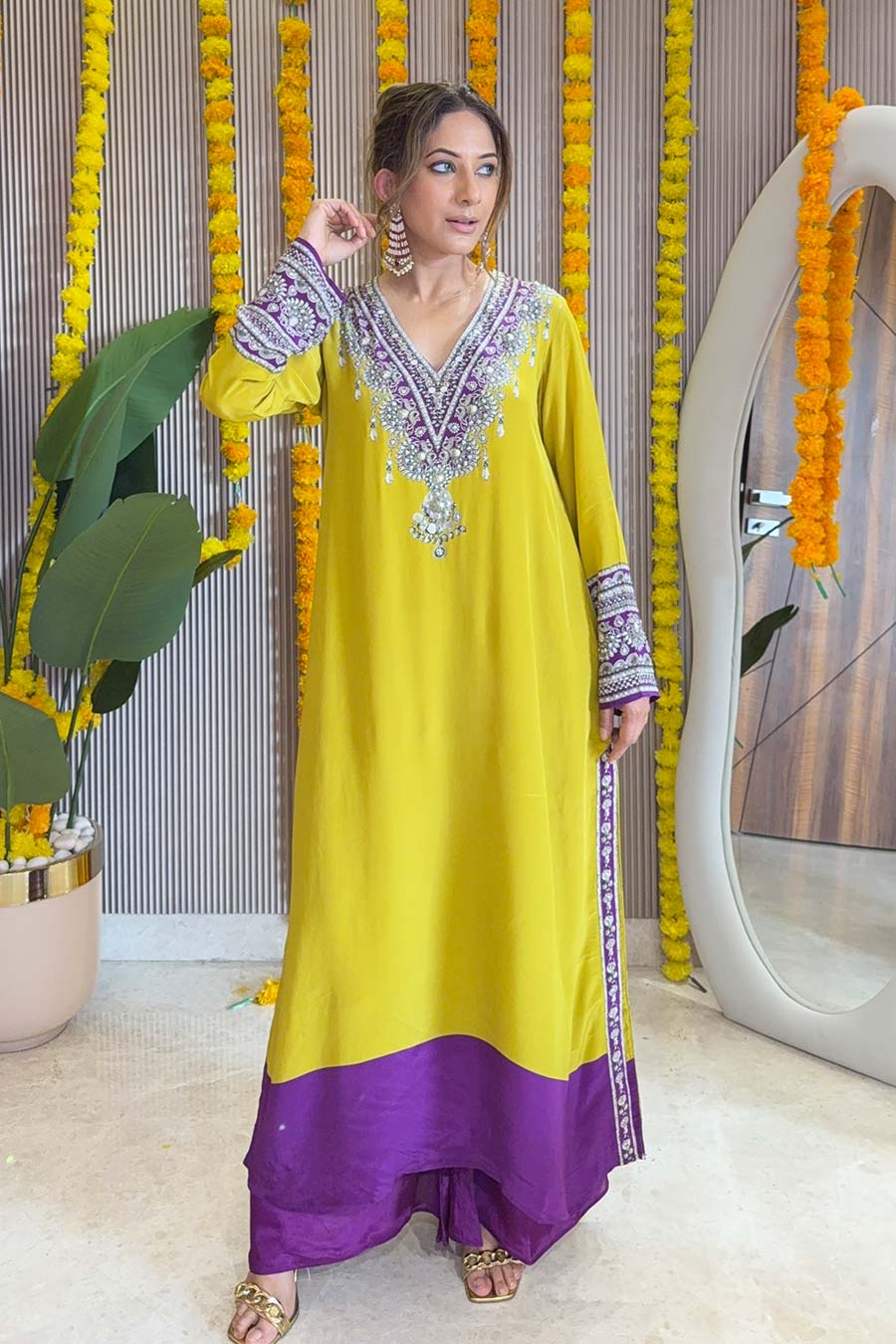 Zaira Yellow Printed Kurta & Purple Palazzo Set
