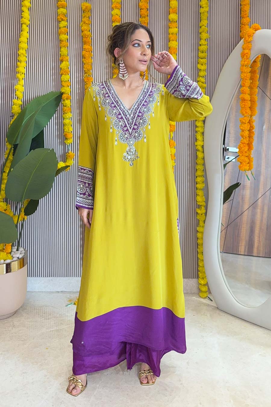 Zaira Yellow Printed Kurta & Purple Palazzo Set