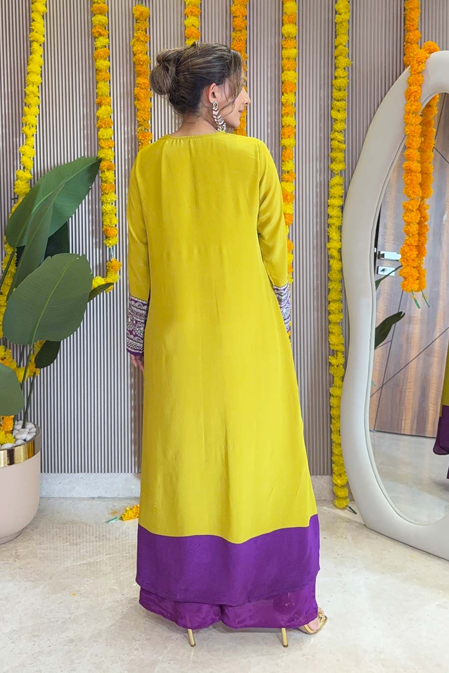 Zaira Yellow Printed Kurta & Purple Palazzo Set