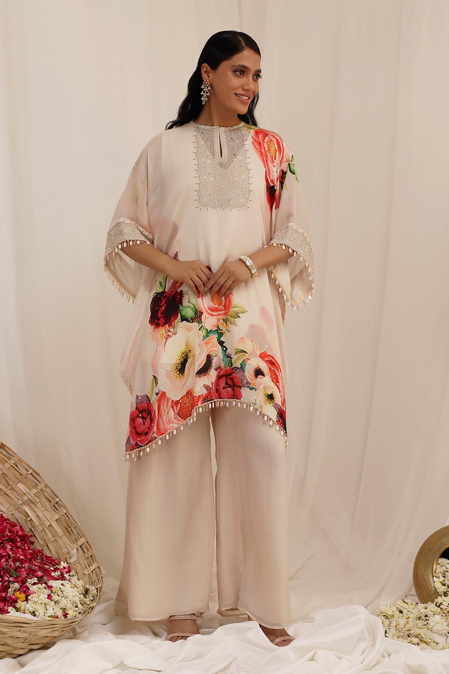 Peach Gul Dasta Embroidered Kaftan & Pant Set