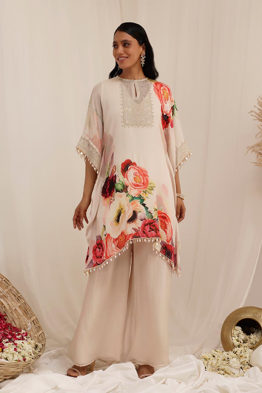 Peach Gul Dasta Embroidered Kaftan & Pant Set