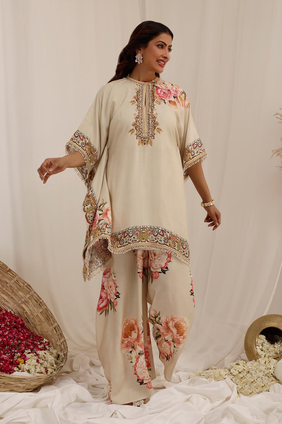 Beige Gul Kand Embellished Kaftan & Pant Set