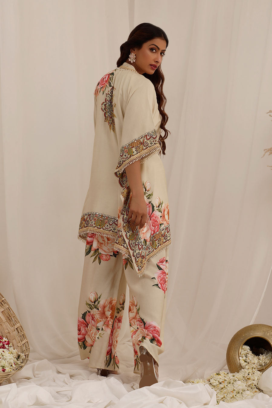 Beige Gul Kand Embellished Kaftan & Pant Set