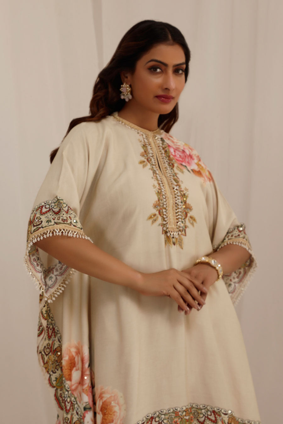 Beige Gul Kand Embellished Kaftan & Pant Set