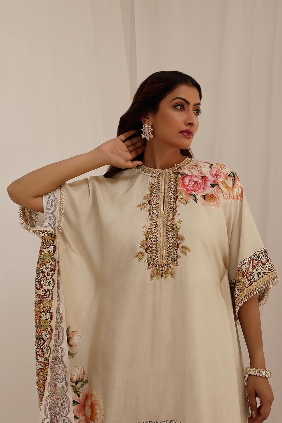 Beige Gul Kand Embellished Kaftan & Pant Set