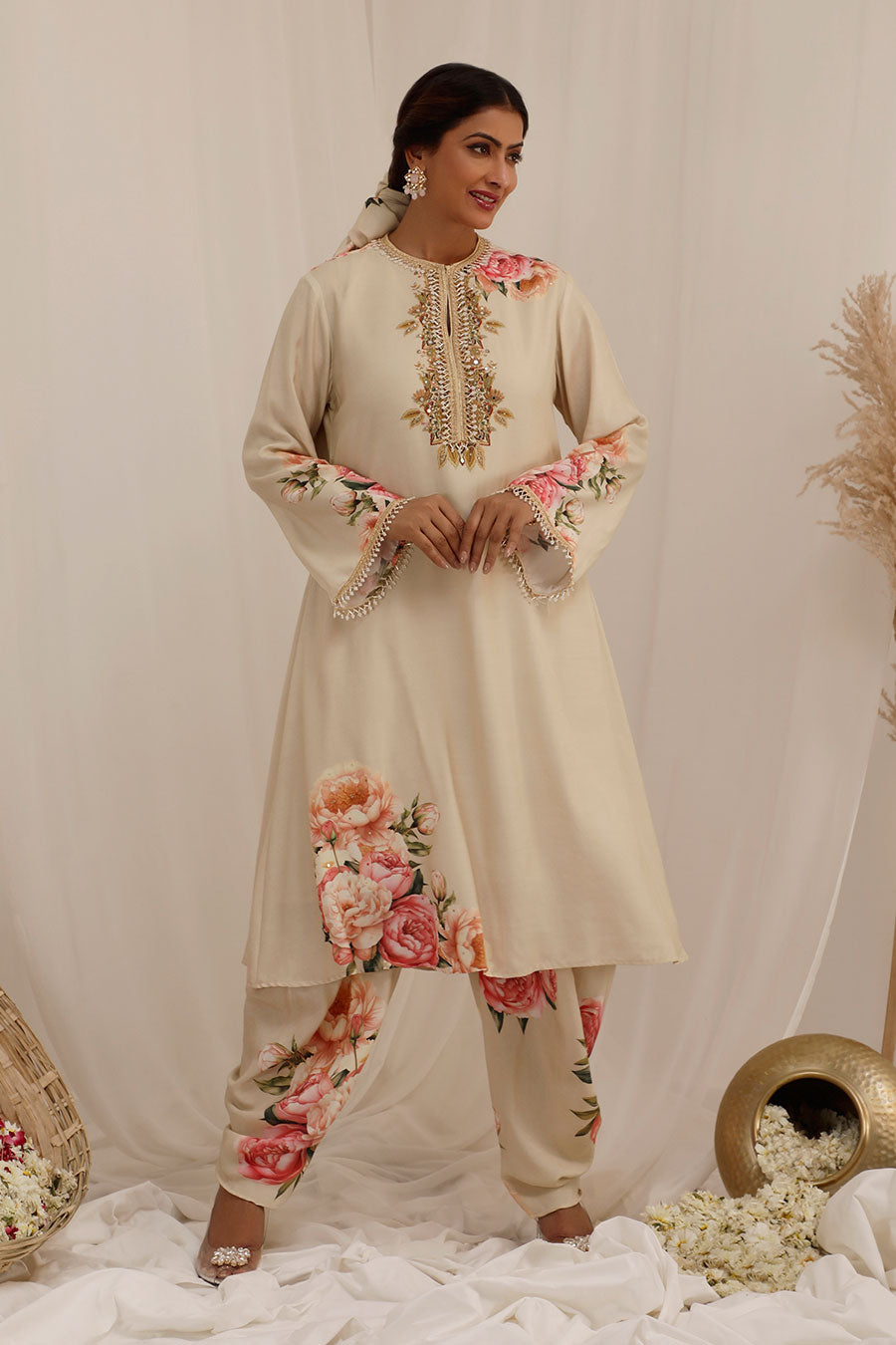 Beige Gul Kand Embellished Kurta Set