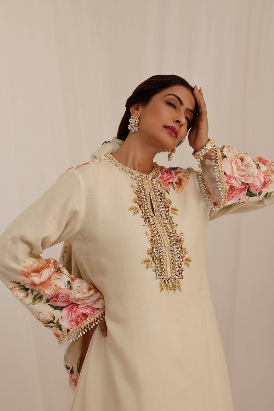 Beige Gul Kand Embellished Kurta Set