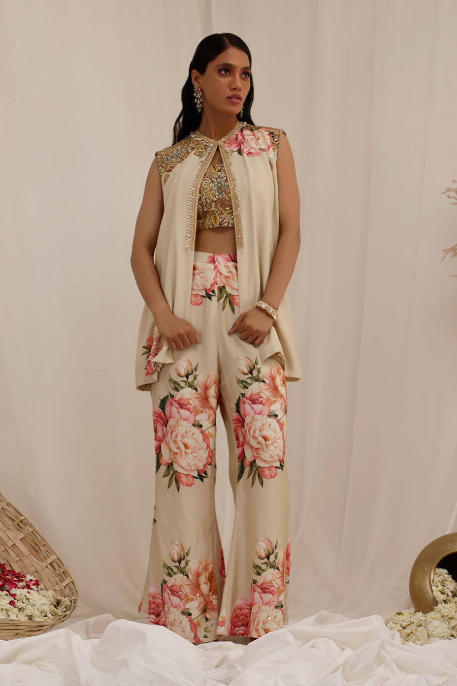 Beige Gul Kand Embellished Jacket Co-Ord Set