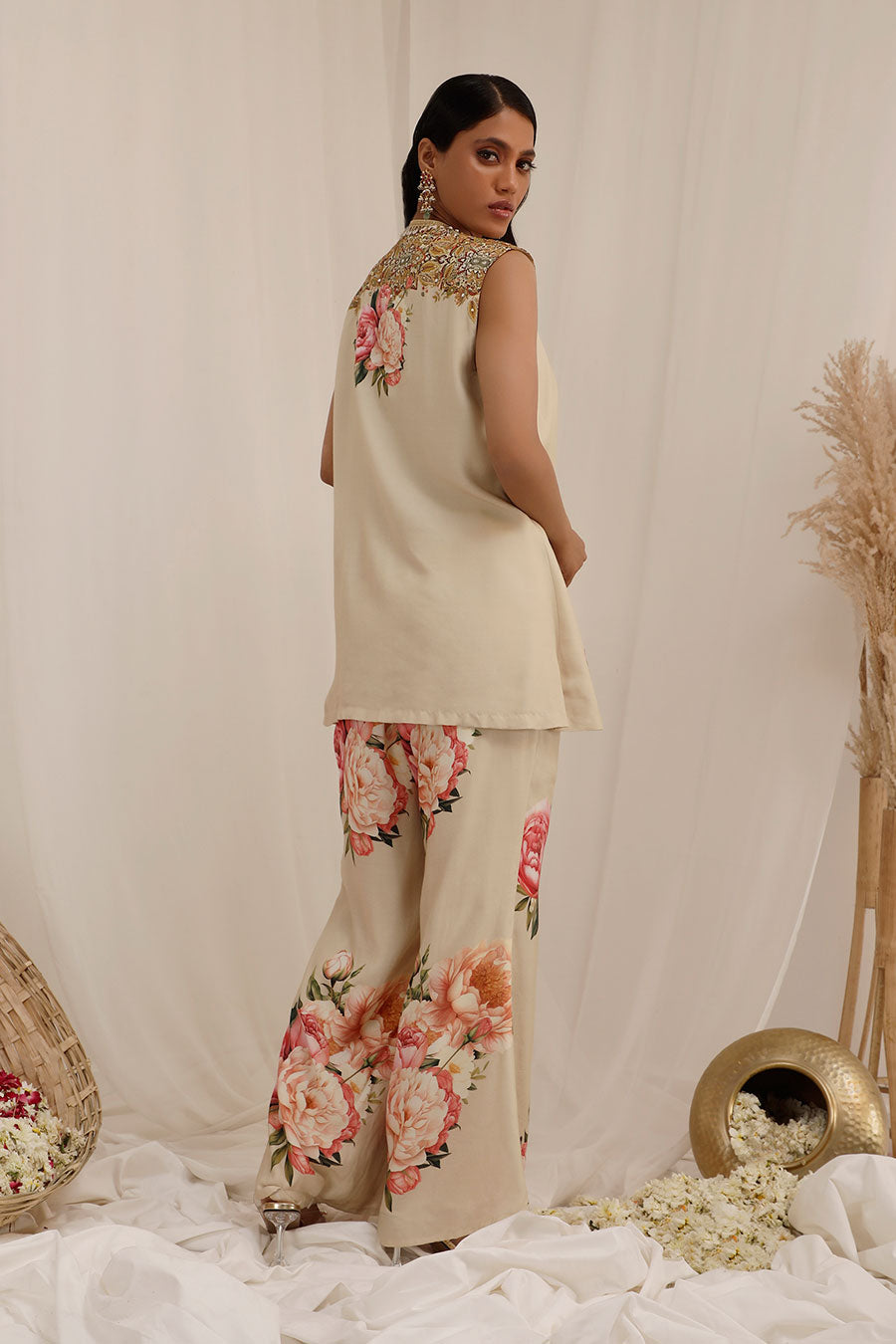 Beige Gul Kand Embellished Jacket Co-Ord Set