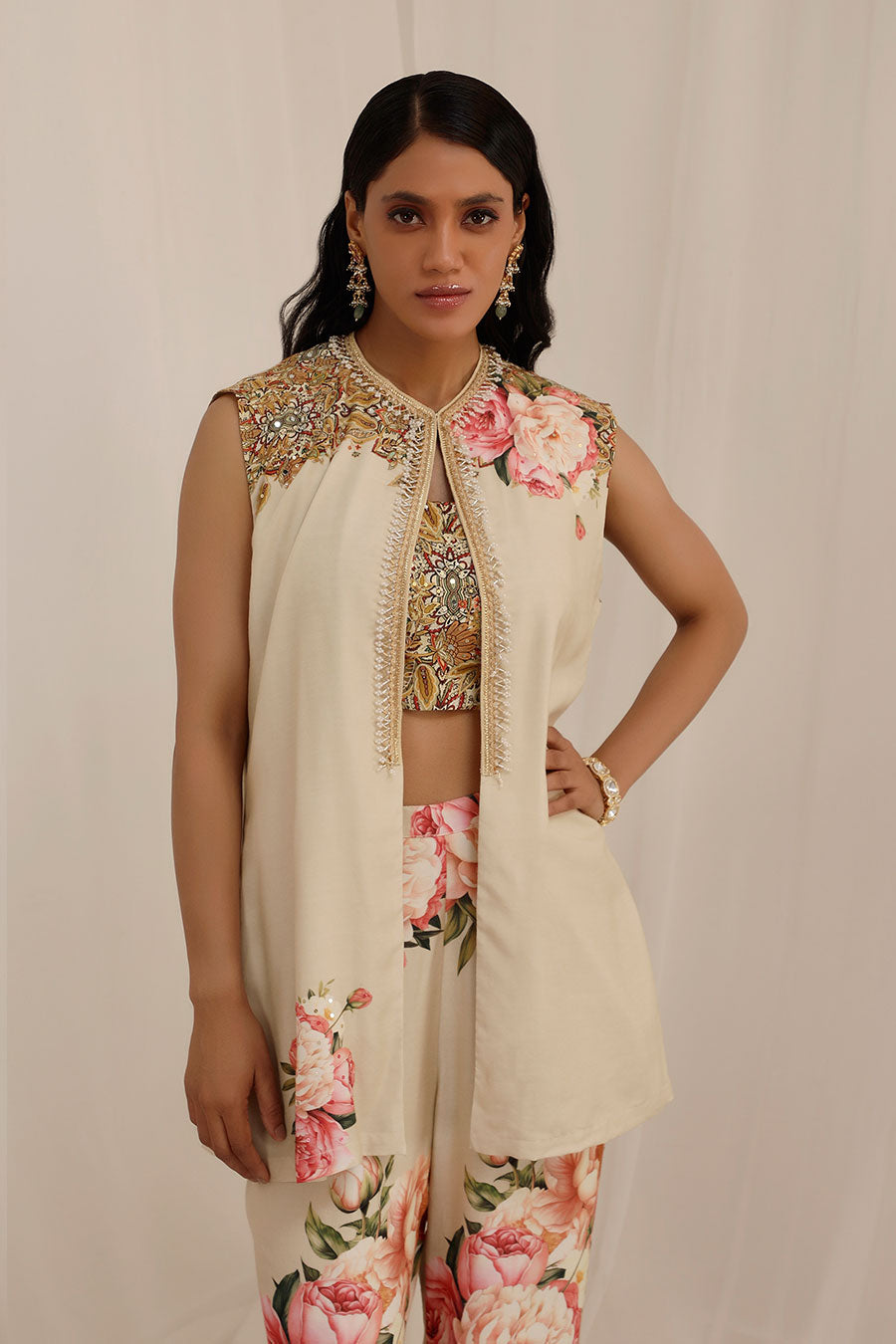 Beige Gul Kand Embellished Jacket Co-Ord Set