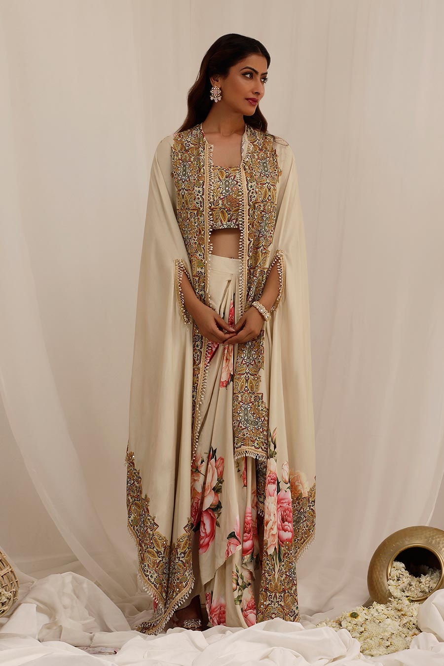 Beige Gul Kand Embellished Cape Co-Ord Set