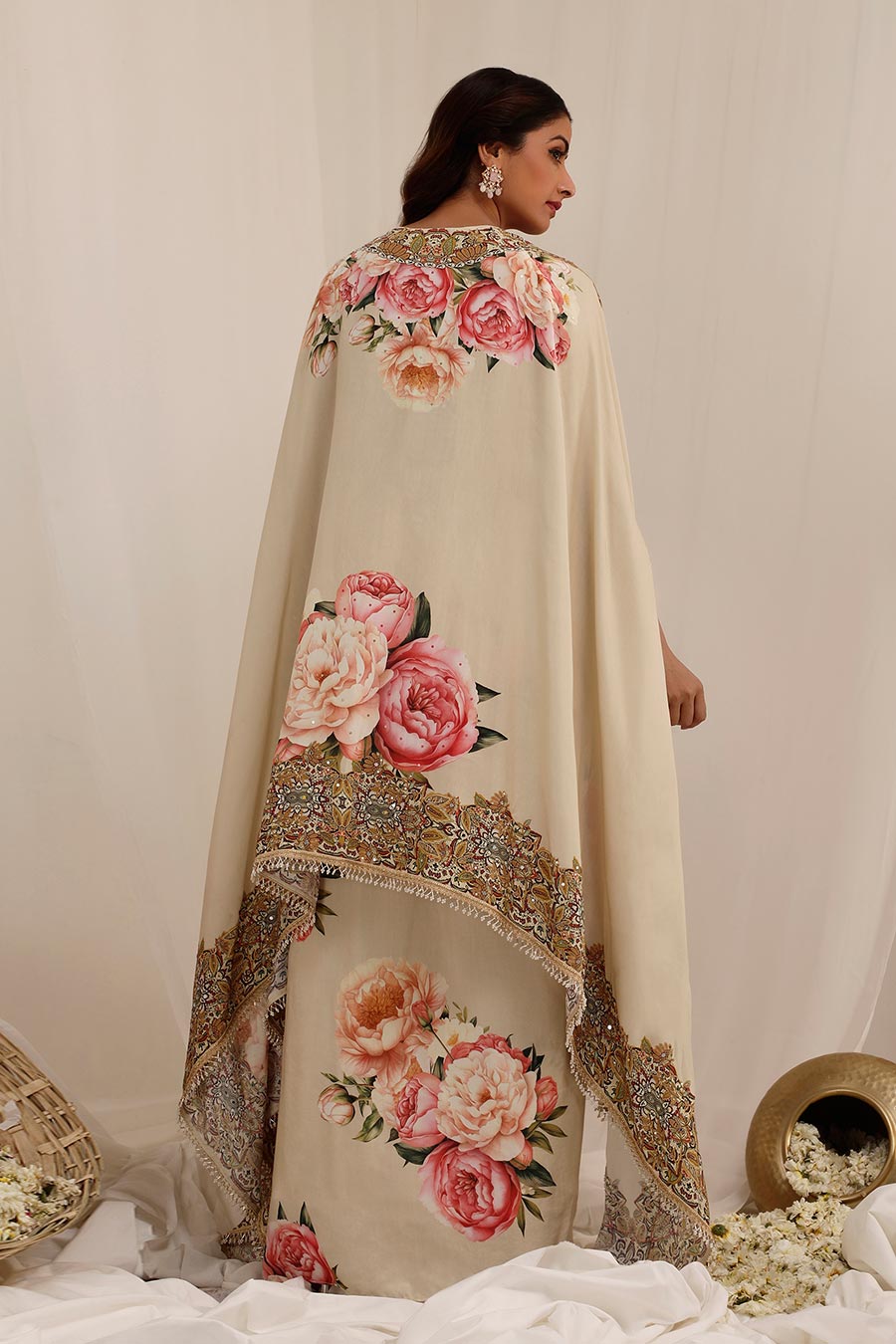 Beige Gul Kand Embellished Cape Co-Ord Set