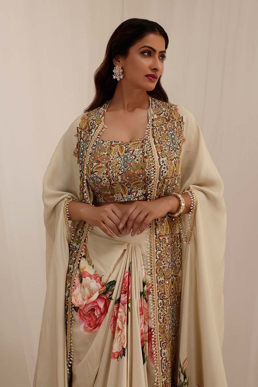 Beige Gul Kand Embellished Cape Co-Ord Set