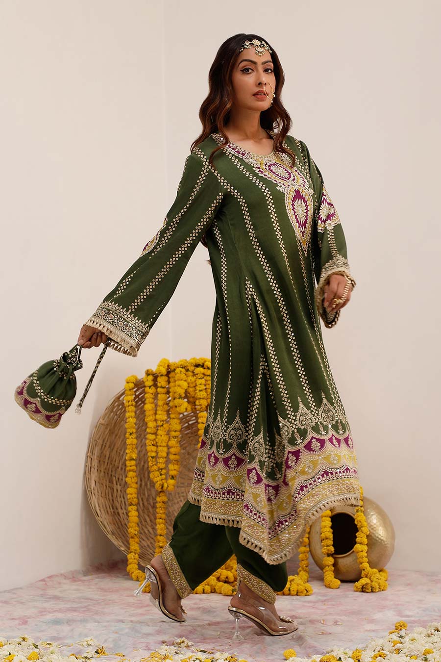 Olive Noor Embroidered Kurta & Dhoti Set