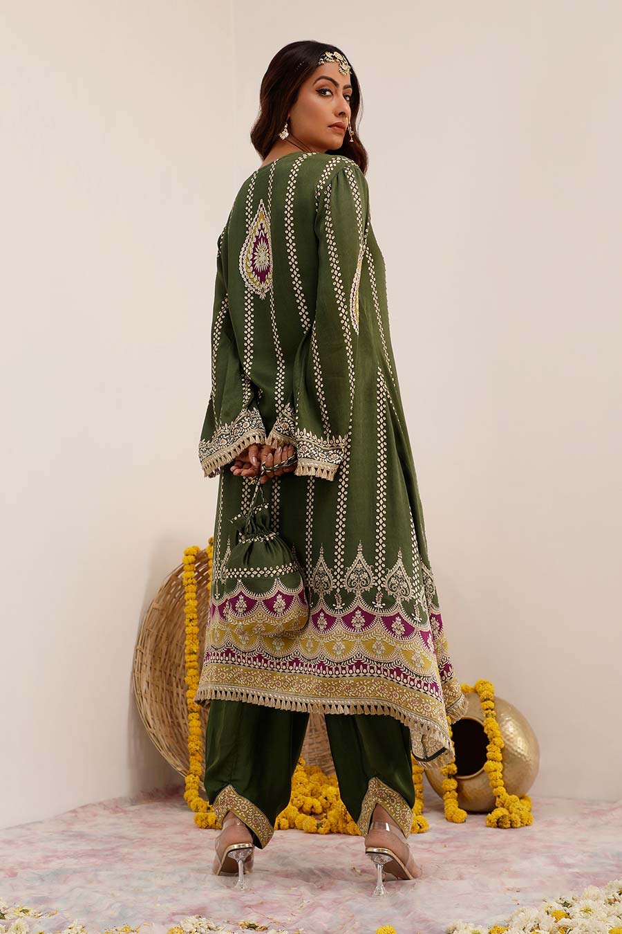 Olive Noor Embroidered Kurta & Dhoti Set