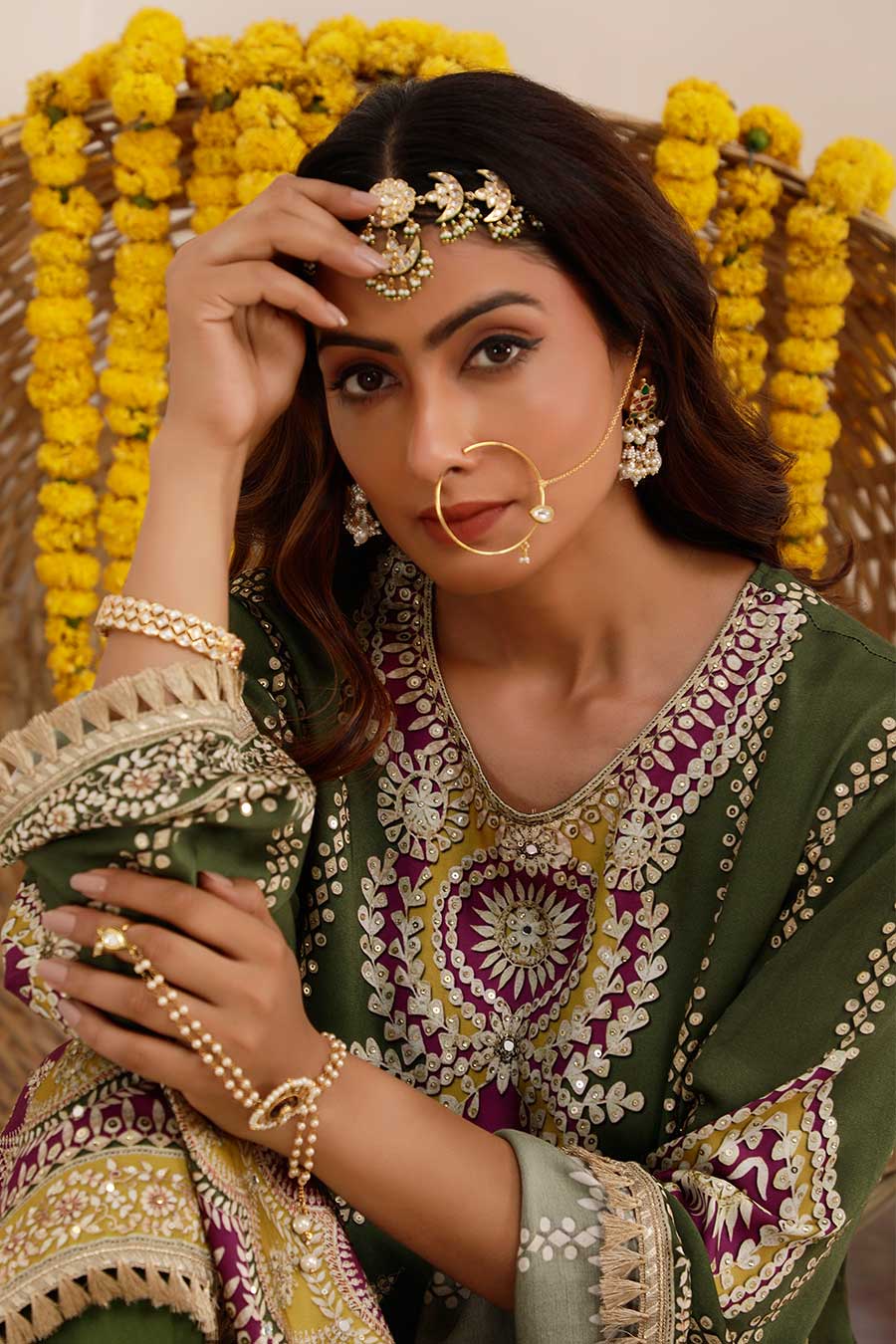 Olive Noor Embroidered Kurta & Dhoti Set