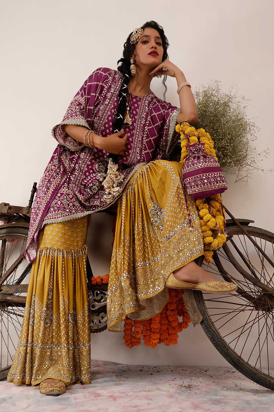 Purple & Mustard Son Chidhaiya Kaftan Gharara Set