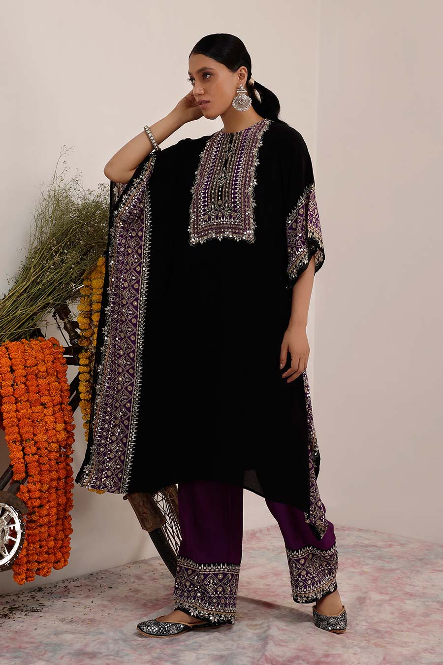 Black & Purple Salma Sitara Kaftan Set