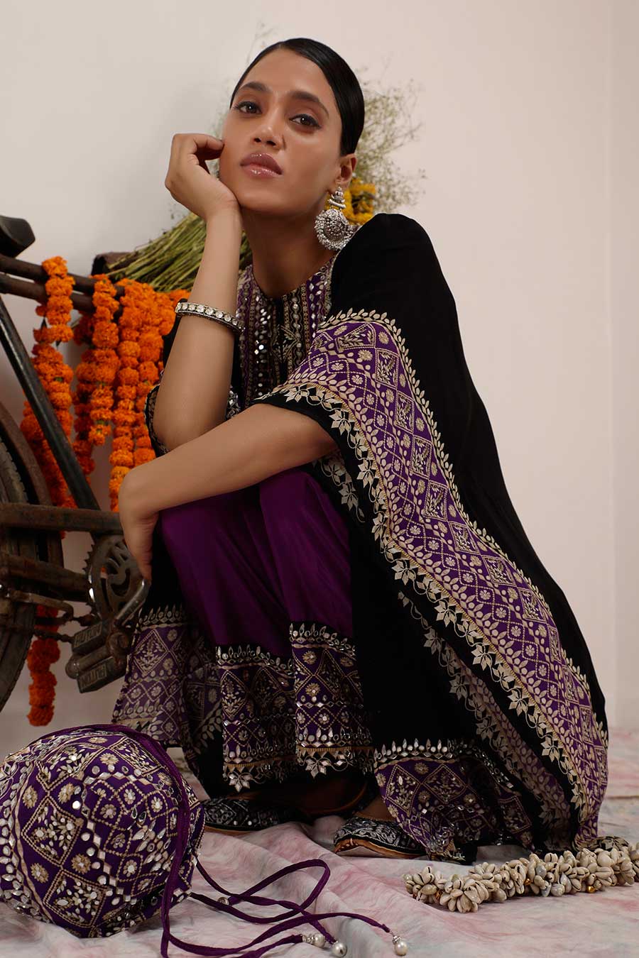 Black & Purple Salma Sitara Kaftan Set