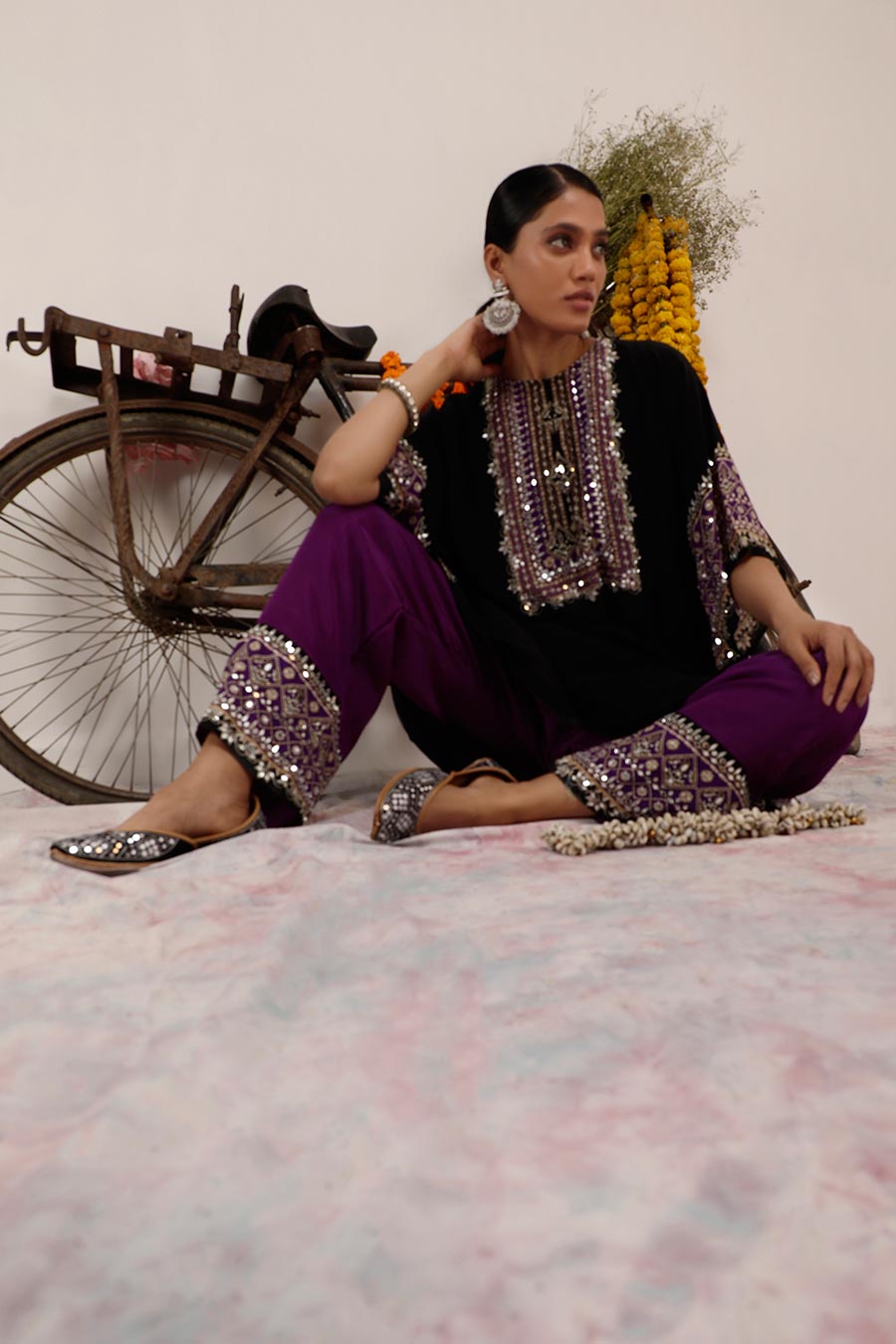 Black & Purple Salma Sitara Kaftan Set