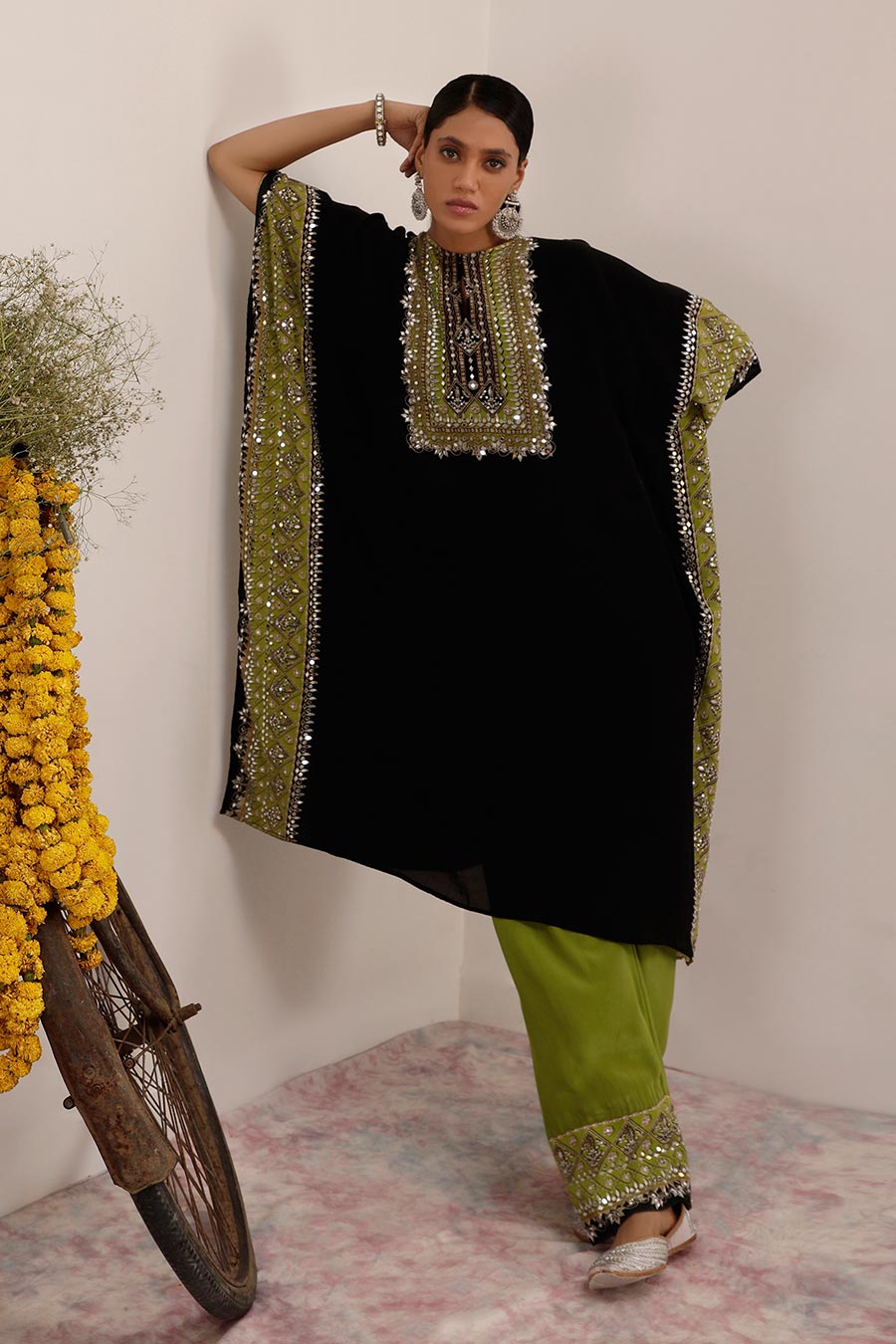 Black & Green Salma Sitara Kaftan Set