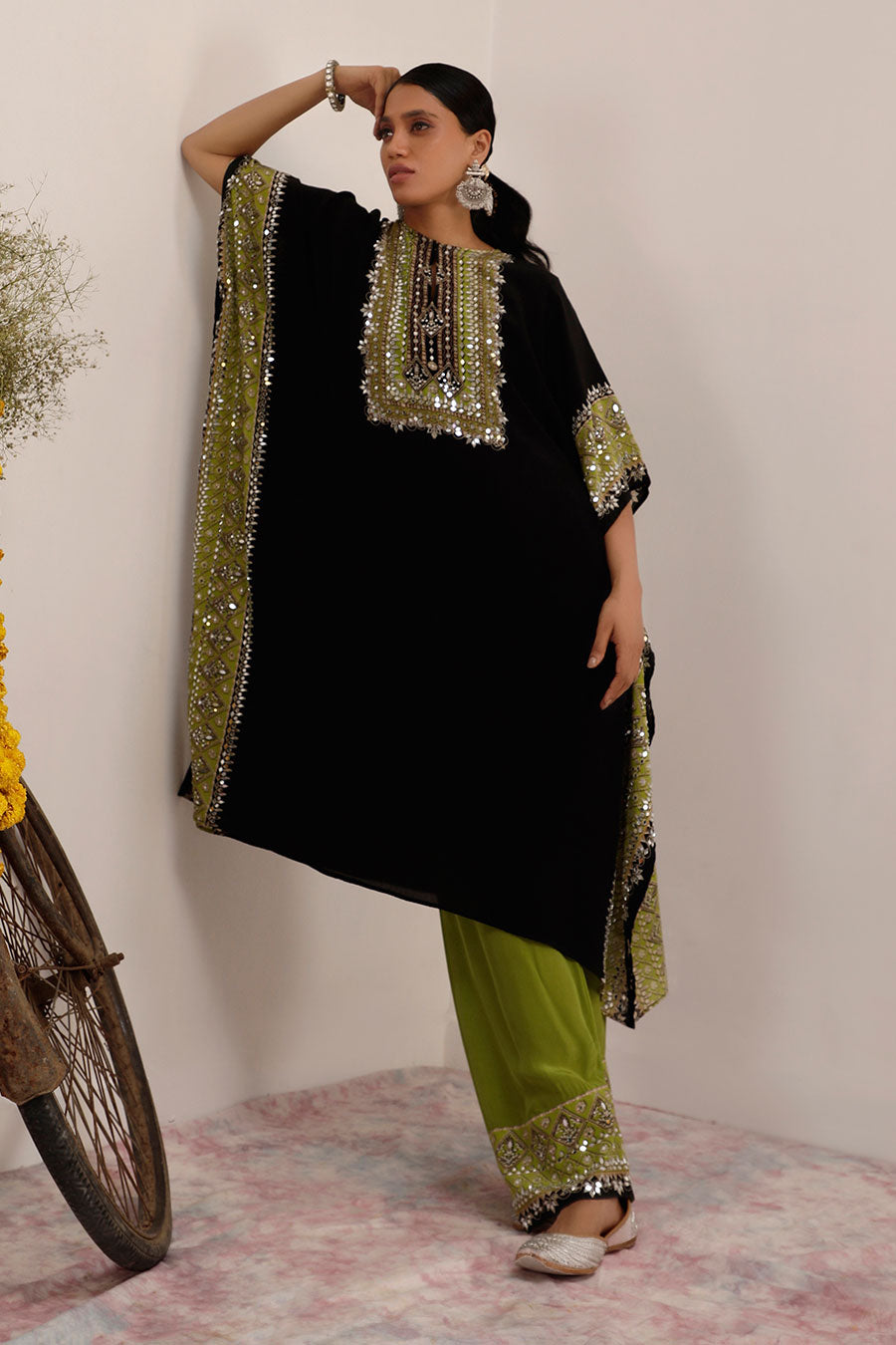 Black & Green Salma Sitara Kaftan Set