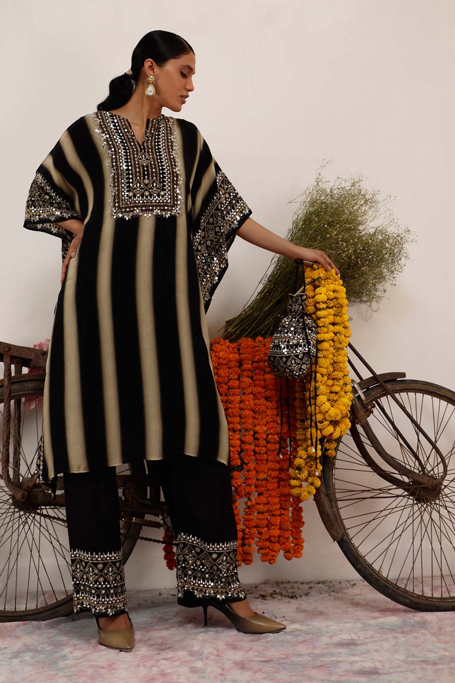 Black & Beige Salma Sitara Kaftan Set
