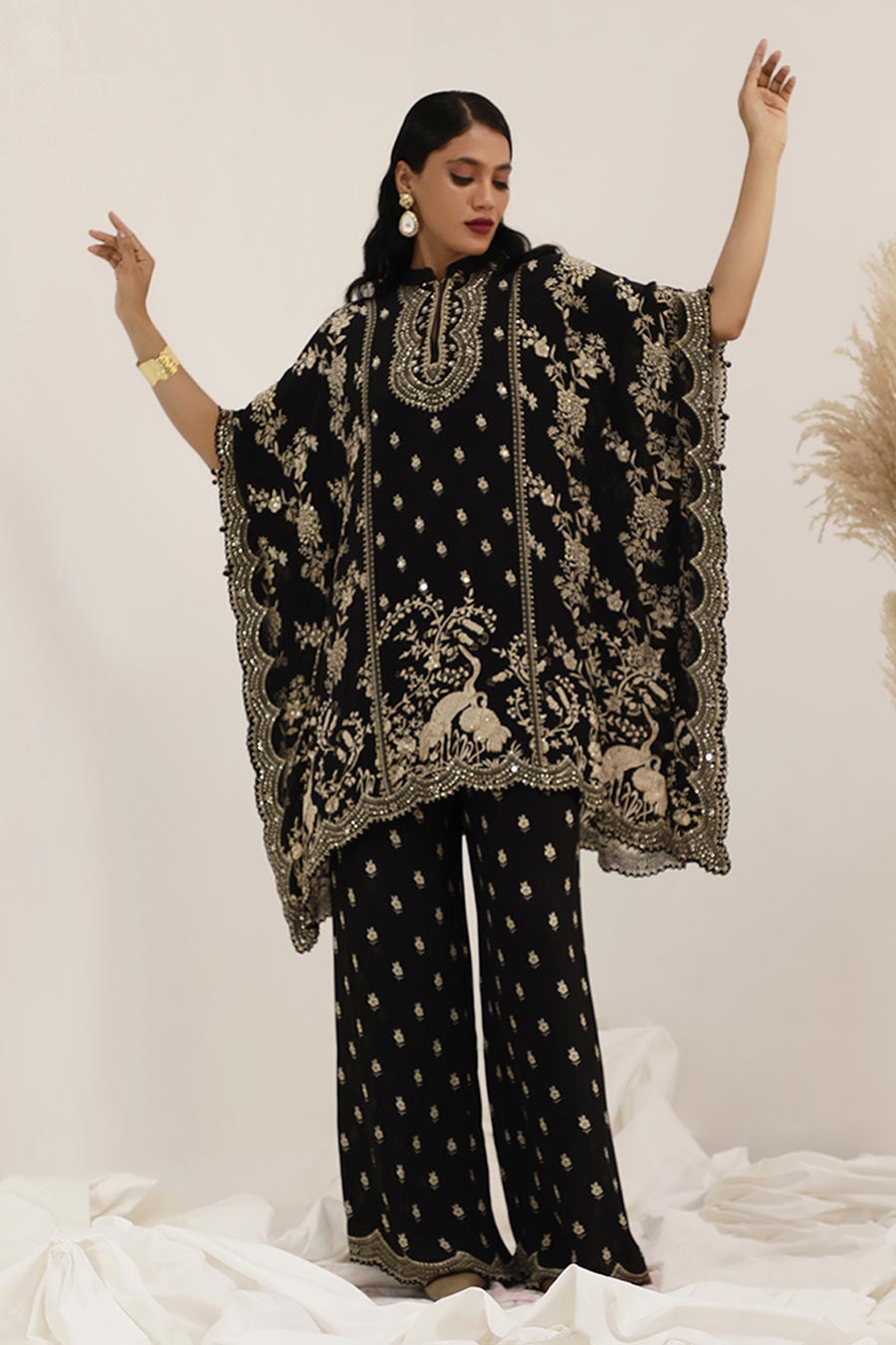 Black Gulshan Embellished Kaftan & Palazzo Set