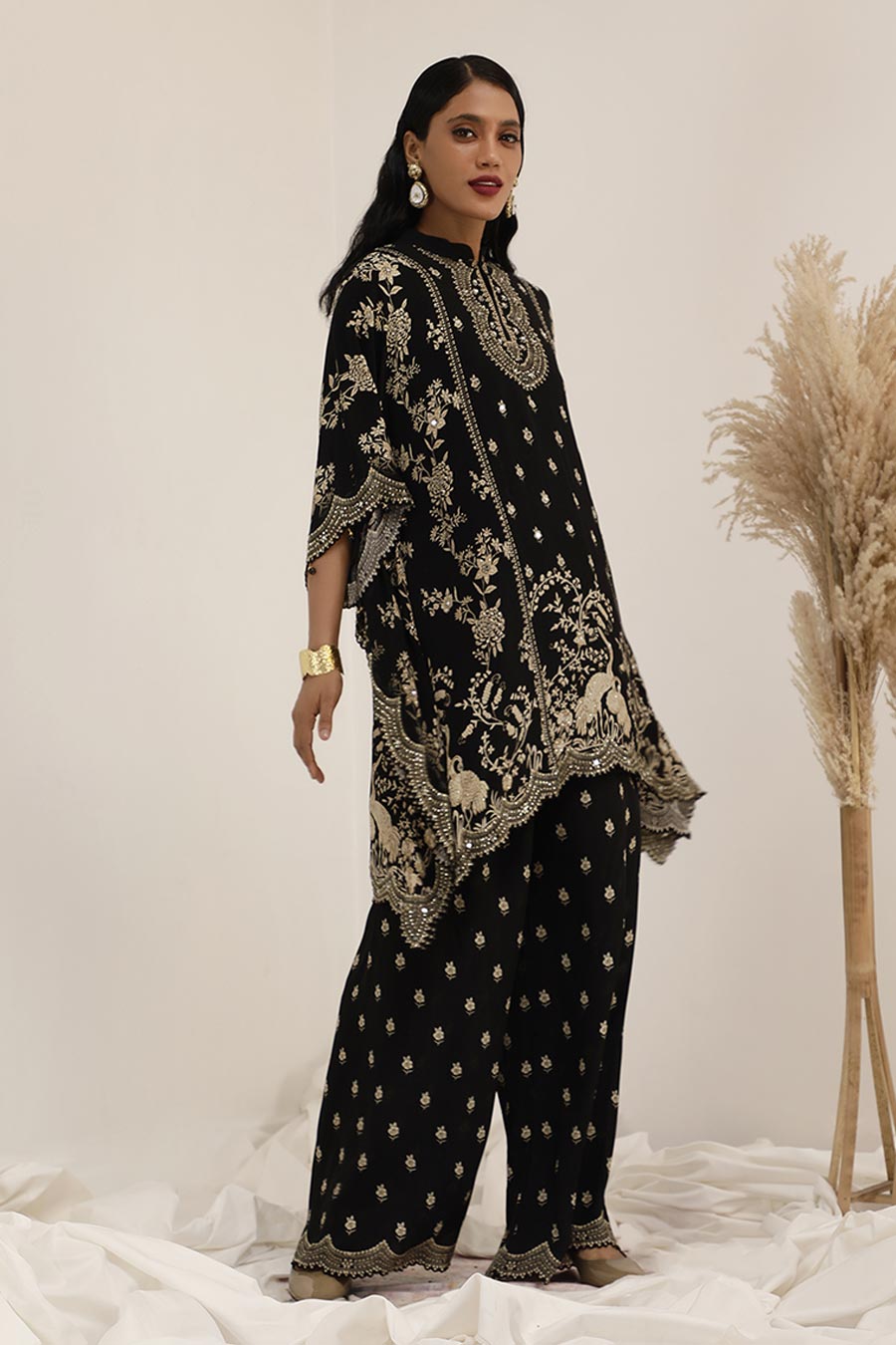 Black Gulshan Embellished Kaftan & Palazzo Set