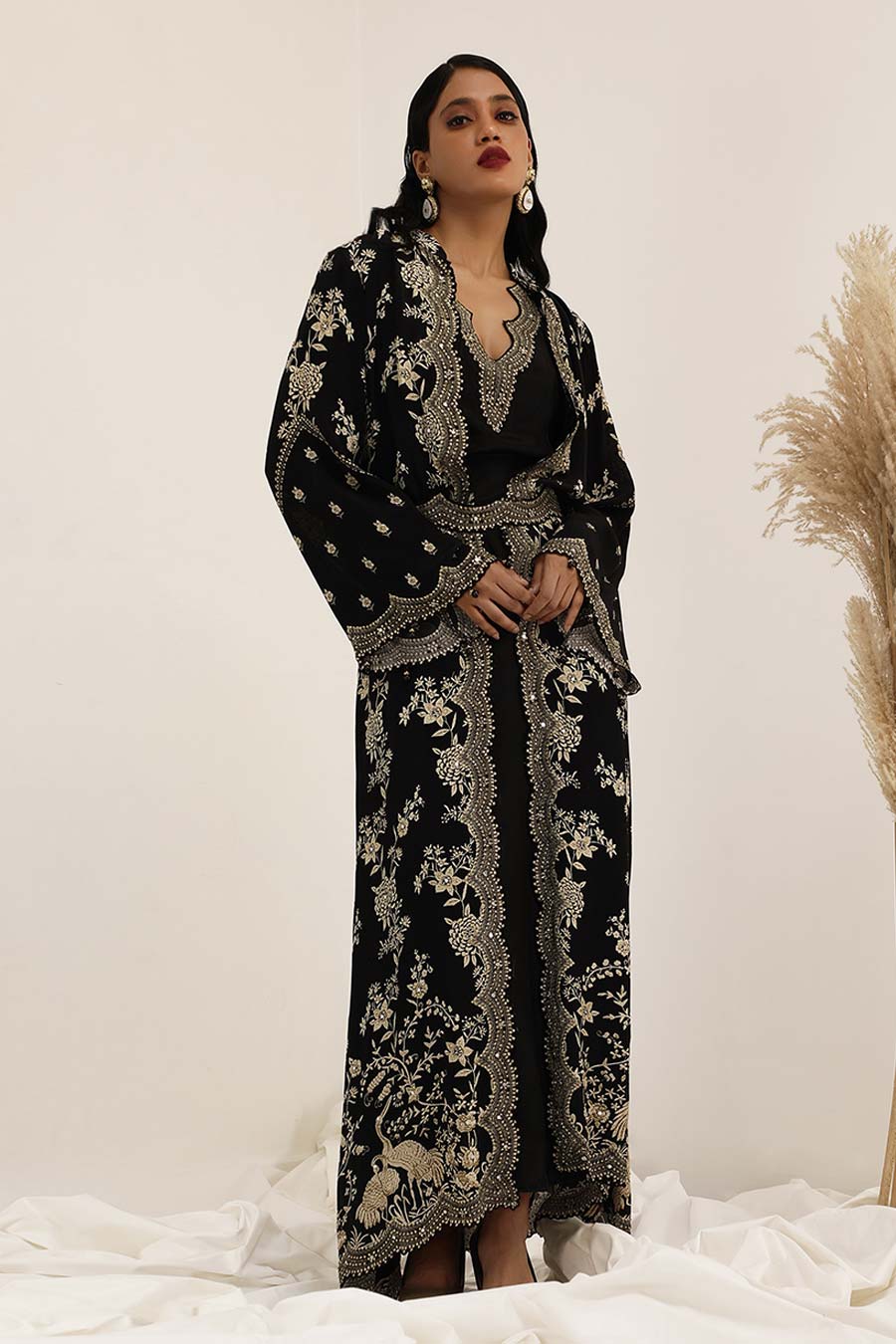 Black Gulshan Embellished Long Jacket Set