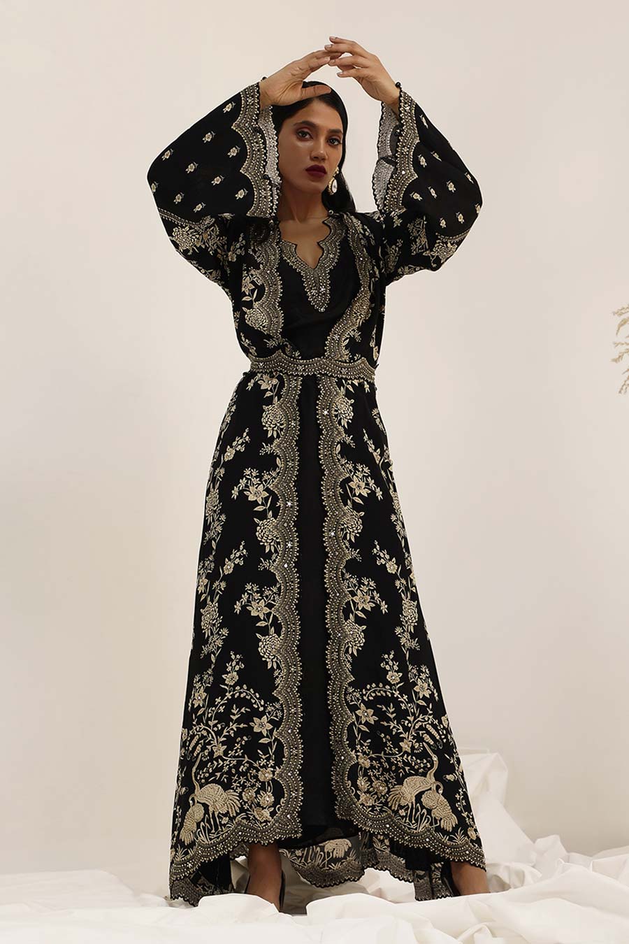 Black Gulshan Embellished Long Jacket Set