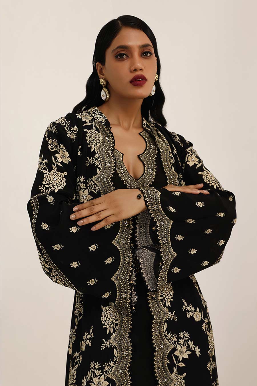 Black Gulshan Embellished Long Jacket Set