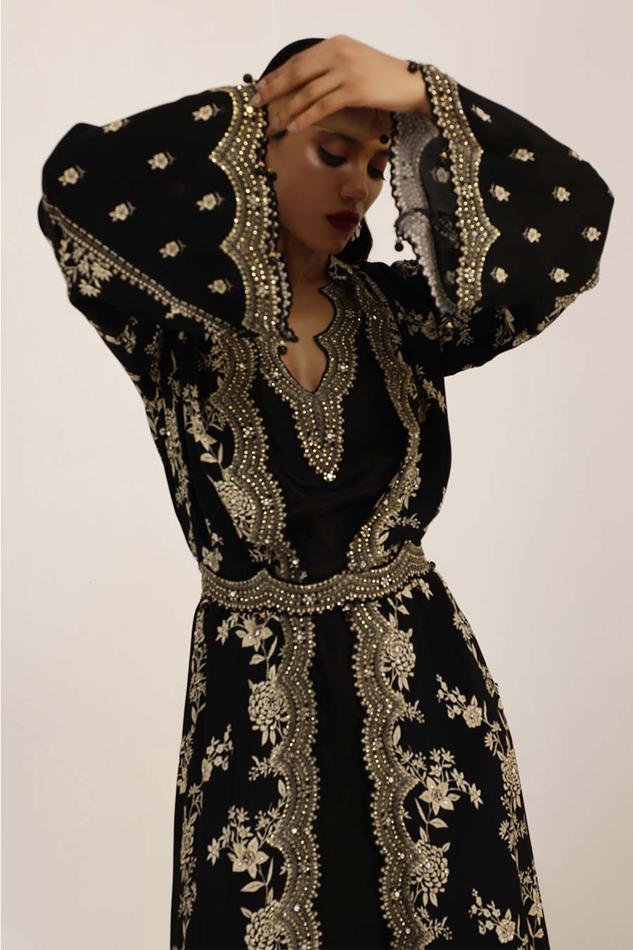 Black Gulshan Embellished Long Jacket Set