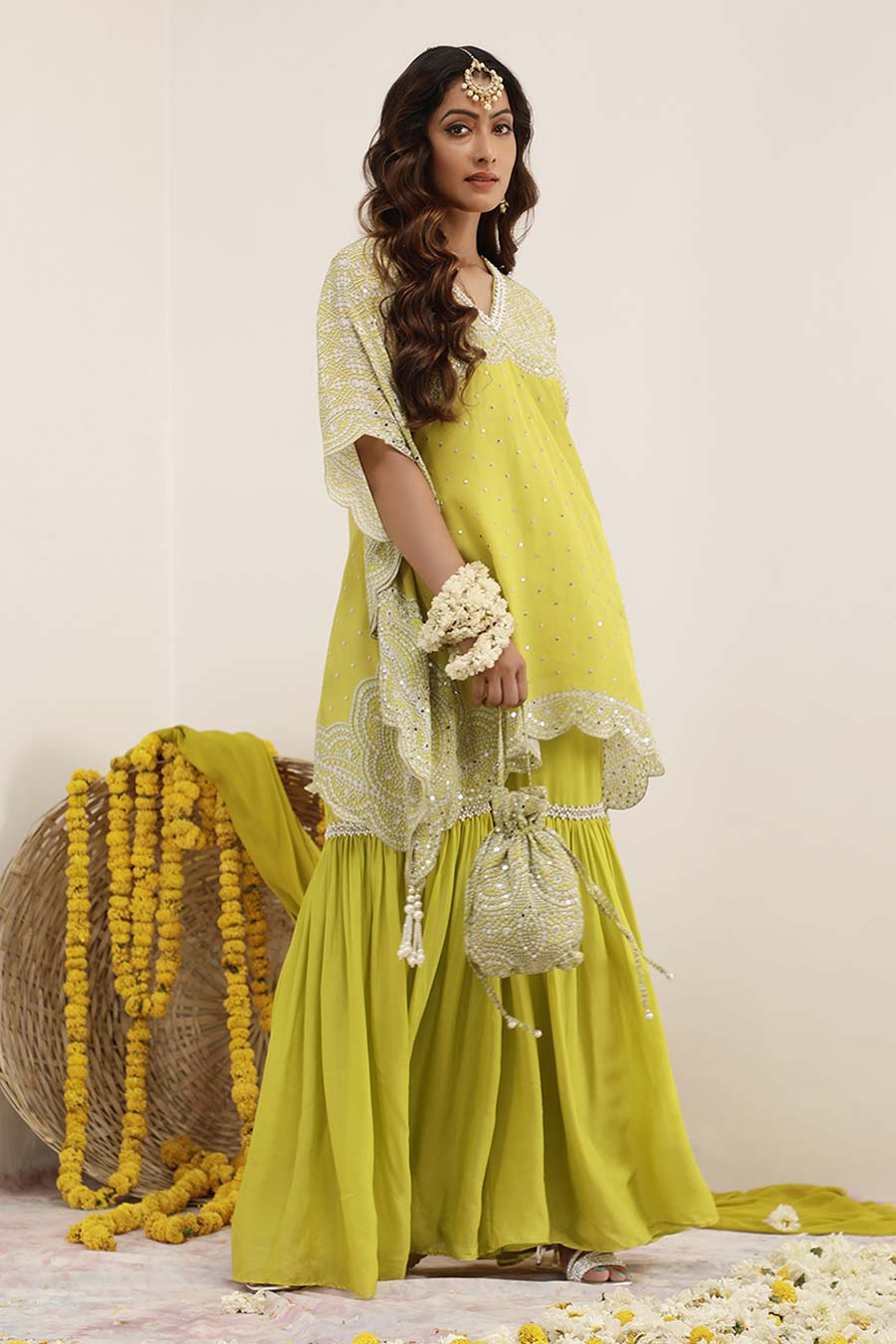 Lime Green Hoor Embellished Kaftan & Gharara Set
