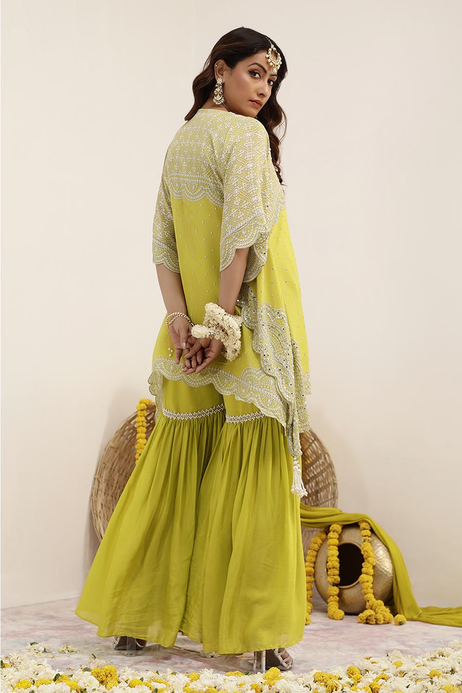 Lime Green Hoor Embellished Kaftan & Gharara Set