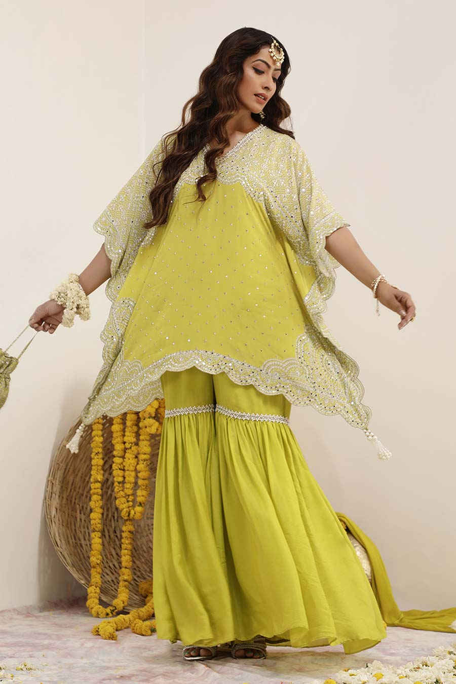 Lime Green Hoor Embellished Kaftan & Gharara Set