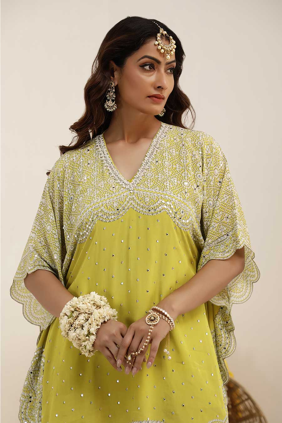 Lime Green Hoor Embellished Kaftan & Gharara Set