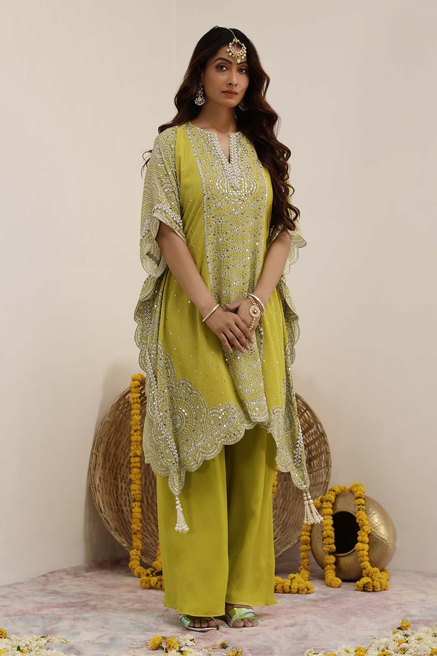 Lime Green Hoor Embellished Kaftan & Palazzo Set