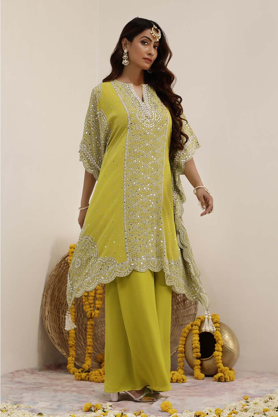 Lime Green Hoor Embellished Kaftan & Palazzo Set