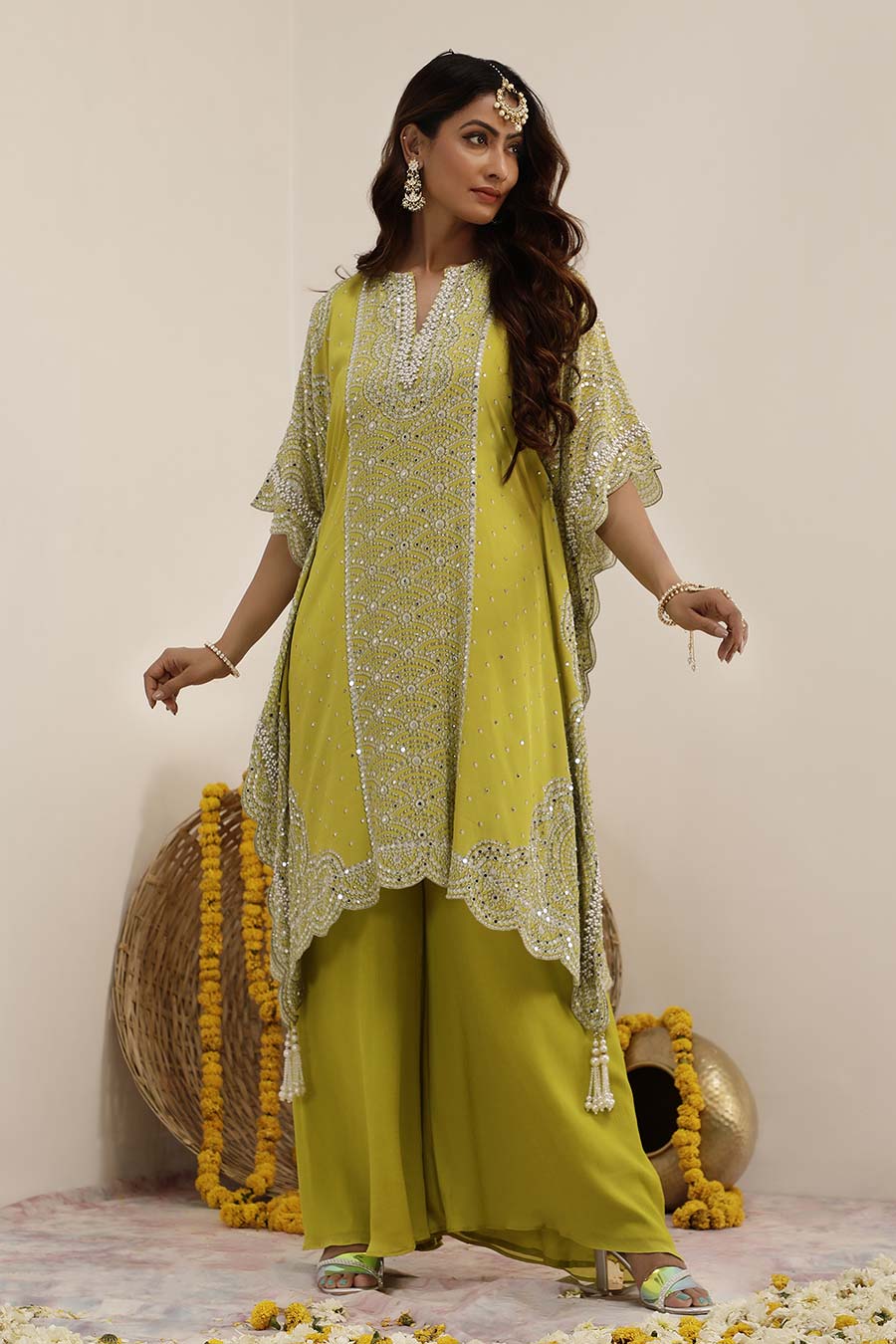 Lime Green Hoor Embellished Kaftan & Palazzo Set