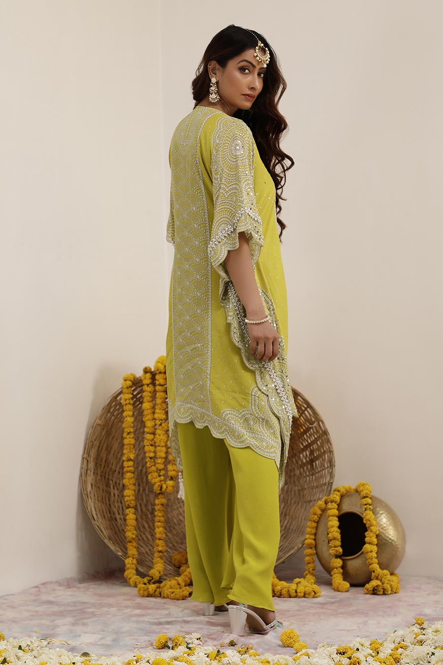 Lime Green Hoor Embellished Kaftan & Palazzo Set