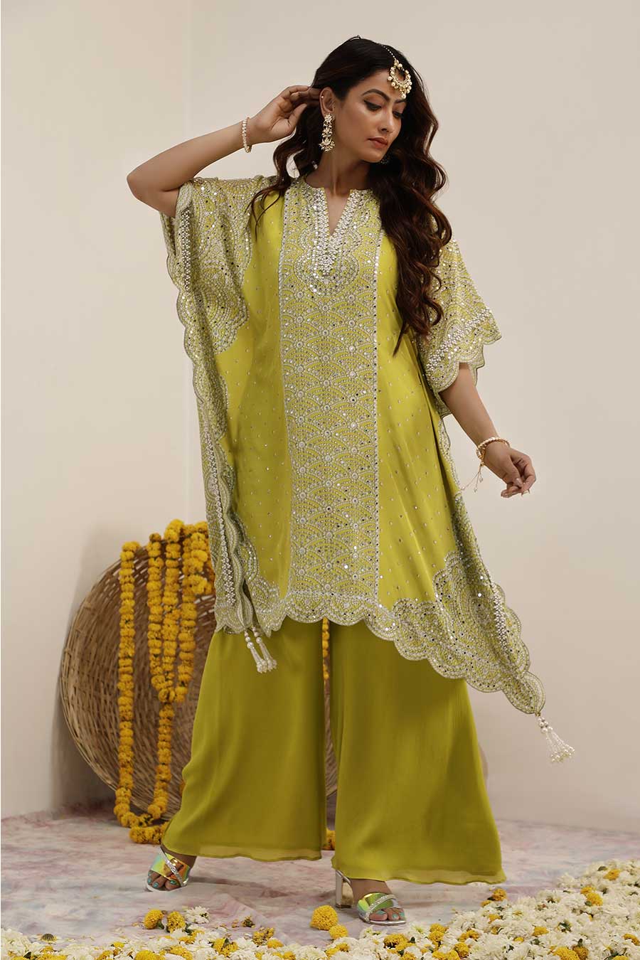 Lime Green Hoor Embellished Kaftan & Palazzo Set