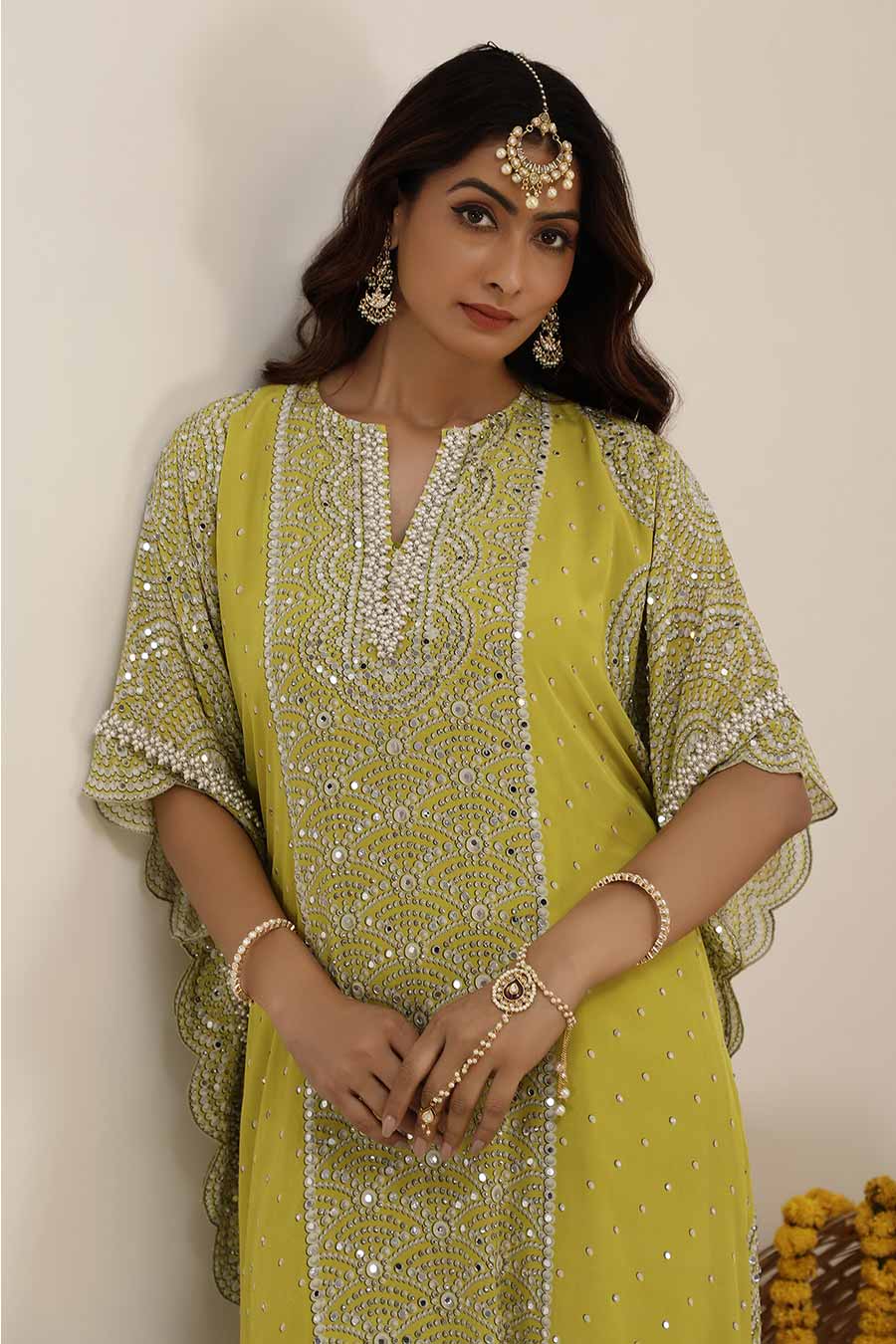 Lime Green Hoor Embellished Kaftan & Palazzo Set