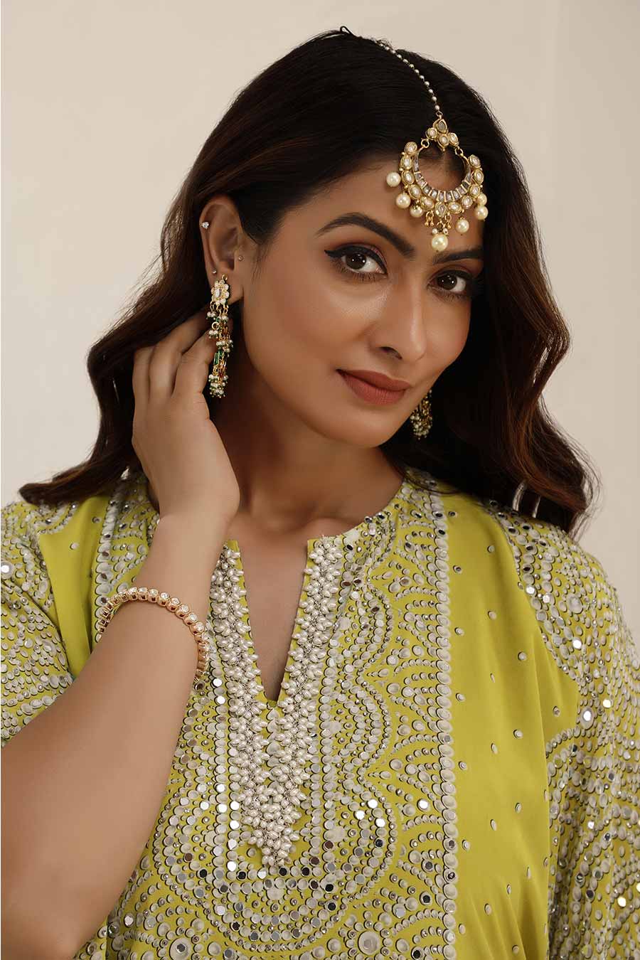 Lime Green Hoor Embellished Kaftan & Palazzo Set