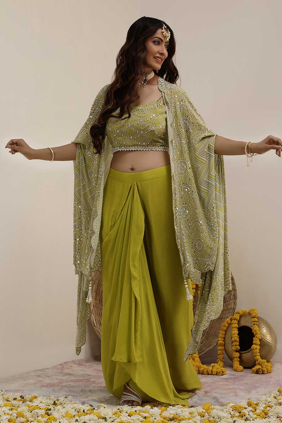 Lime GreenHoor Embellished Cape Set