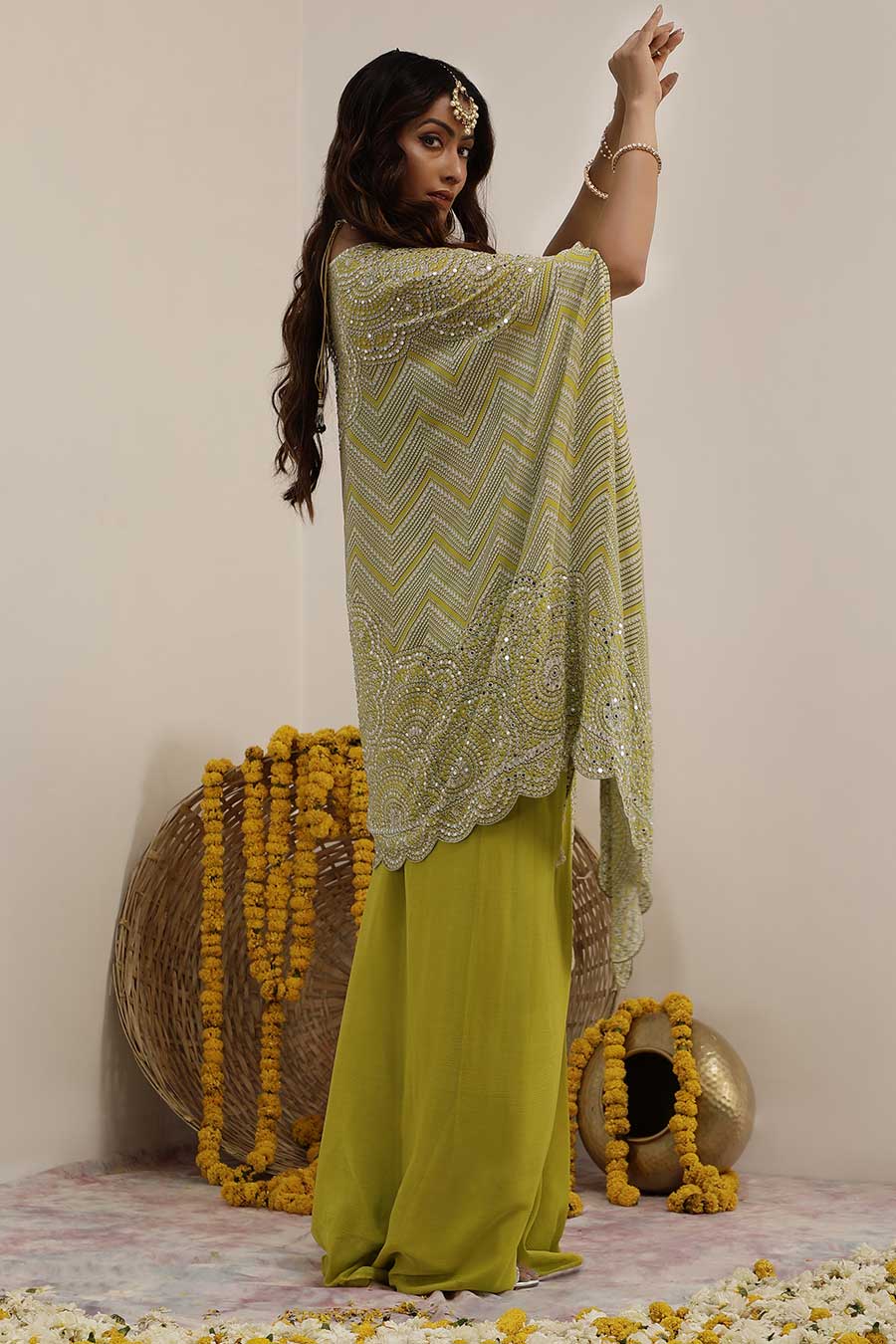 Lime GreenHoor Embellished Cape Set