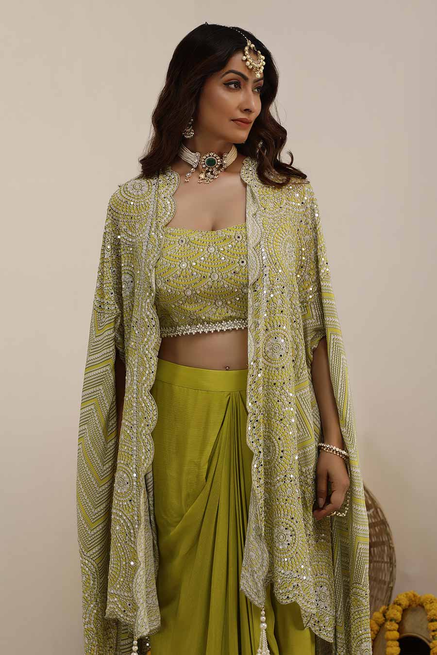 Lime GreenHoor Embellished Cape Set